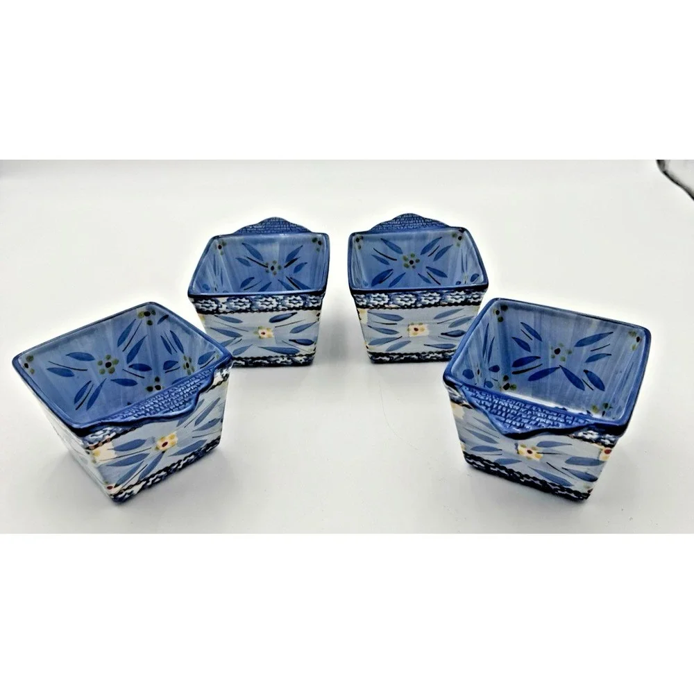 Temp-tations Old World Blue Set of 4 Mini Square Bakers Ramekins Handles